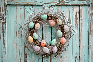 Rustic Easter Egg Wreath Hanging on Vintage Distressed Wooden Door