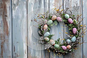 Rustic Easter Egg Wreath Hanging on Vintage Distressed Wooden Door