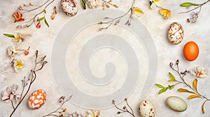 Rustic Easter Eggs and Spring Blooms on Neutral Background with Warm Tones