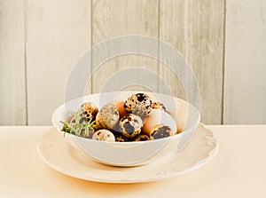 Rustic Easter still life with different types of eggs