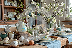 rustic Easter table setting composition with painted eggs,painted dishes and flowering branches, the concept of Easter design and