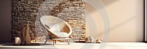 Rustic egg chair near wild stone cladding wall. Interior design of modern living room in country house. Created with generative AI