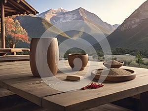 Rustic Elegance. Ashwagandha on Table, Mountain Cabin Beyond.