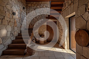 Rustic Elegance: Cozy Hallway with Wooden Staircase and Stone Cladding Wall, Modern Home Interior Entrance