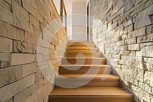 Rustic Elegance: Cozy Hallway with Wooden Staircase and Stone Cladding Wall, Modern Home Interior Entrance