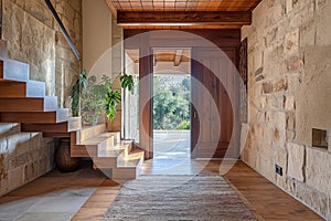 Rustic Elegance: Cozy Hallway with Wooden Staircase and Stone Cladding Wall, Modern Home Interior Entrance