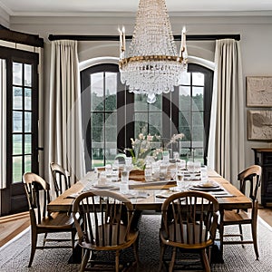 Rustic Elegance: A dining room with a grand farmhouse table, surrounded by antique wooden chairs A crystal chandelier hangs abov