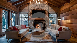 Rustic Elegance: Fireside Comfort in a Woodland Retreat. Concept Rustic Elegance, Fireside Comfort,