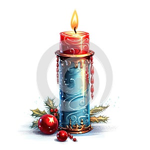 Rustic Elegance: Oil Paint Style Christmas Candle Isolated on White Background