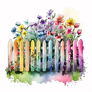Rustic Elegance: Watercolor wood Garden Fence with Colorful Flowers AI Generated