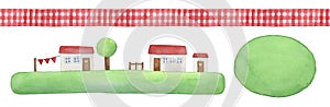 Rustic element set with decorative seamless gingham ribbon, cute little houses on green grass and round watercolor shape to place