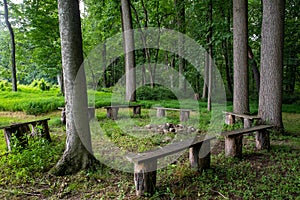 Rustic empty benches around an idyllic woodland fire pit