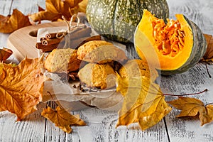 Rustic Fall Setting with a Pumpkin, Leaves Rustic Wood with copy