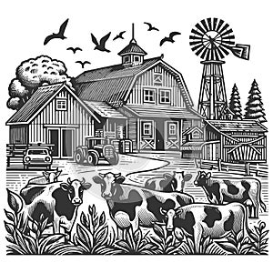 Rustic Farm Engraving with Cattle and Barn raster