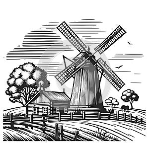 Rustic farm Landscape raster illustration