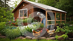 Rustic Farmer Collecting Eggs in Lush Surroundings