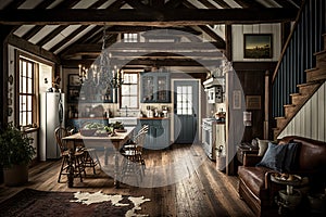 rustic farmhouse with exposed wooden beams and family heirlooms on display