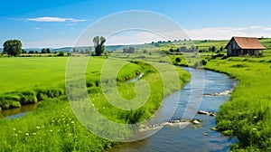 A rustic farmhouse, green fields, and a winding river under a clear blue sky