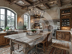 Rustic farmhouse kitchen with a large wooden table and antique fixtures