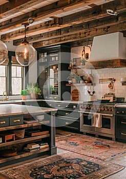 Rustic farmhouse kitchen with vintage fixtures and reclaimed wood morning light