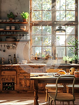 Rustic farmhouse kitchen with vintage fixtures and reclaimed wood morning light