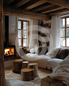 Rustic farmhouse living room with tree stump tables, plush sofa, and crackling fireplace
