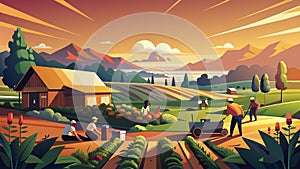 Rustic Farmhouse Sunset Landscape with Workers and Fields