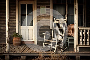 rustic farmhouse with weathered shingles and rocking chair on the porch