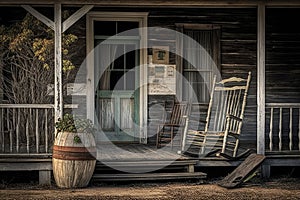 rustic farmhouse with weathered shingles and rocking chair on the porch