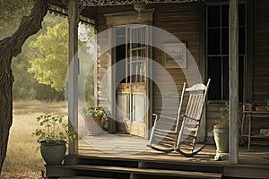 rustic farmhouse with weathered shingles and rocking chair on the porch