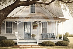 rustic farmhouse with weathered shingles and a welcoming porch swing