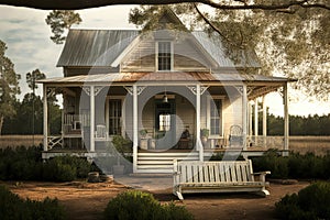 rustic farmhouse with weathered shingles and a welcoming porch swing