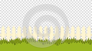 Rustic fence in green grass isolated template. White painted wooden picket fence drowned in dense bushes.