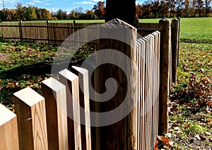 a rustic fence made of natural planks and posts sharpened to