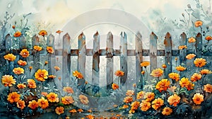 Rustic fence with vibrant flowers - generative ai photo