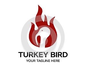 Rustic fire turkey bird logo, hen flame hot logo design. Hot and spicy bbq chicken, turkey fast food restaurant app vector.