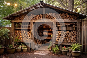 rustic firewood storage shed with stacked logs