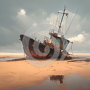 Rustic fishing boat stranded on sandy shore, a relic of seafaring days