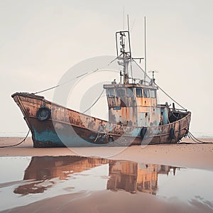 Rustic fishing boat stranded on sandy shore, a relic of seafaring days