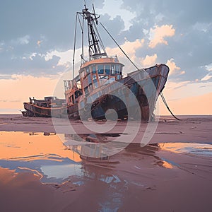 Rustic fishing boat stranded on sandy shore, a relic of seafaring days