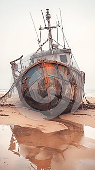 Rustic fishing boat stranded on sandy shore, a relic of seafaring days