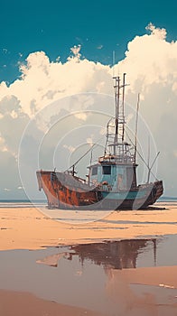 Rustic fishing boat stranded on sandy shore, a relic of seafaring days