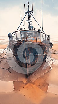 Rustic fishing boat stranded on sandy shore, a relic of seafaring days