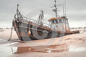 Rustic fishing boat stranded on sandy shore, a relic of seafaring days