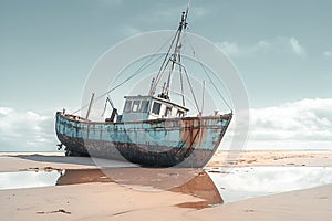 Rustic fishing boat stranded on sandy shore, a relic of seafaring days