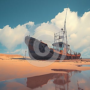Rustic fishing boat stranded on sandy shore, a relic of seafaring days photo