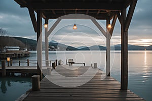 A rustic fishing net on a dock