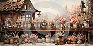 Rustic flower shop facade with blooming plants