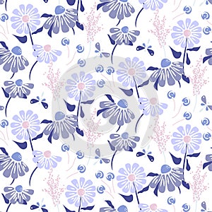 Rustic flowers vintage blue purple colors seamless vector pattern.