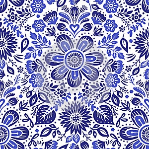 Rustic Folk Art Blue Vector Background Seamless Pattern